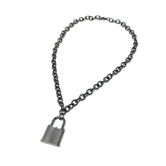 New Free People Black Silver Chain Lock Necklace - Picture 1 of 5